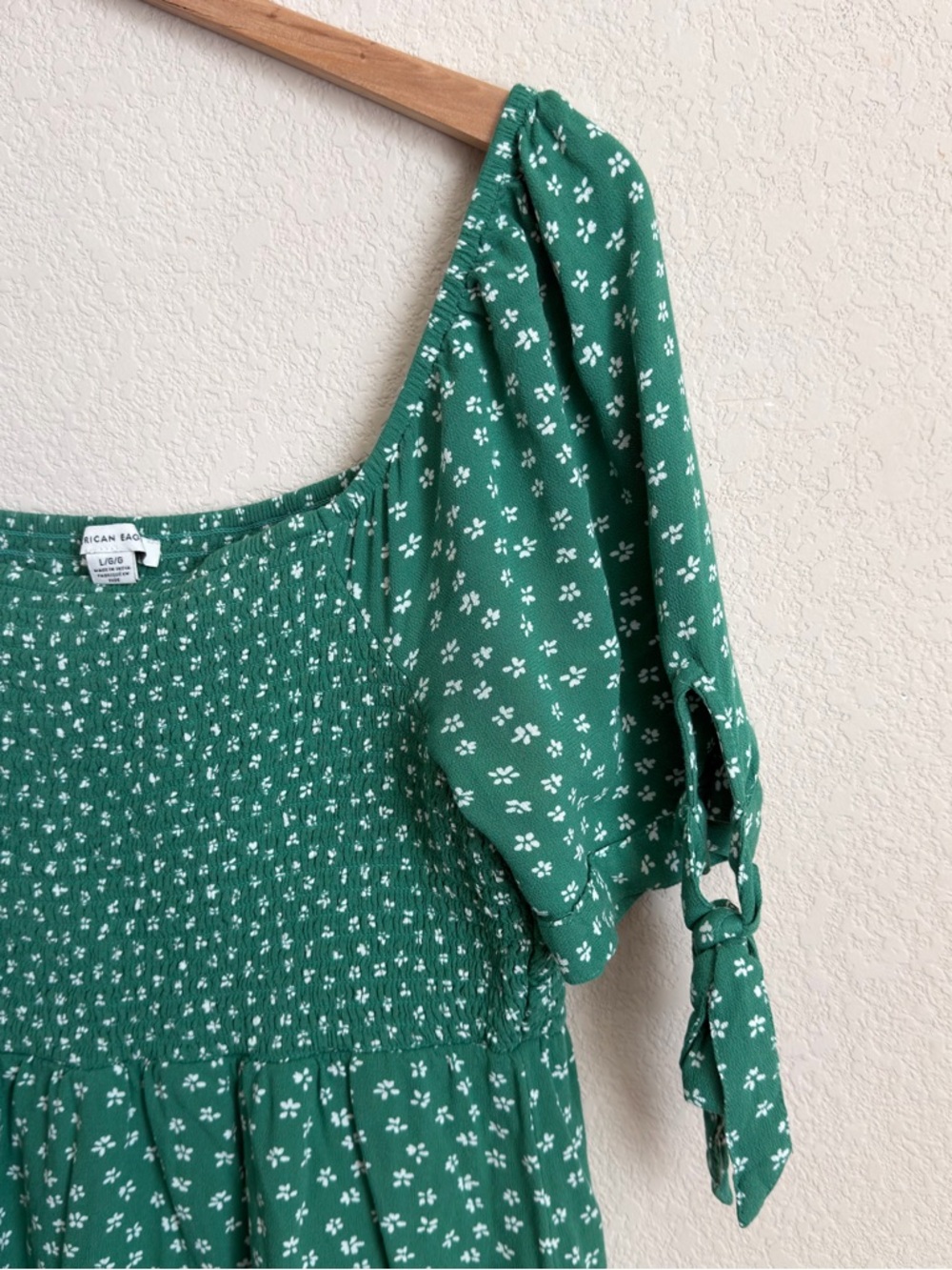 American Eagle Floral Smocked Mini Dress Large Puff Sleeve Tie Detail Green - Picture 4 of 8